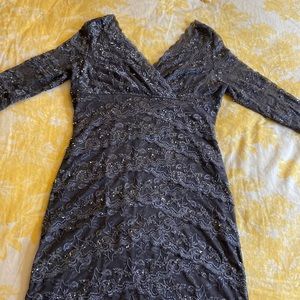 Marina sequined, lace cocktail dress Sz 16.  Lined, silver/grey.  3/4 sleeve.